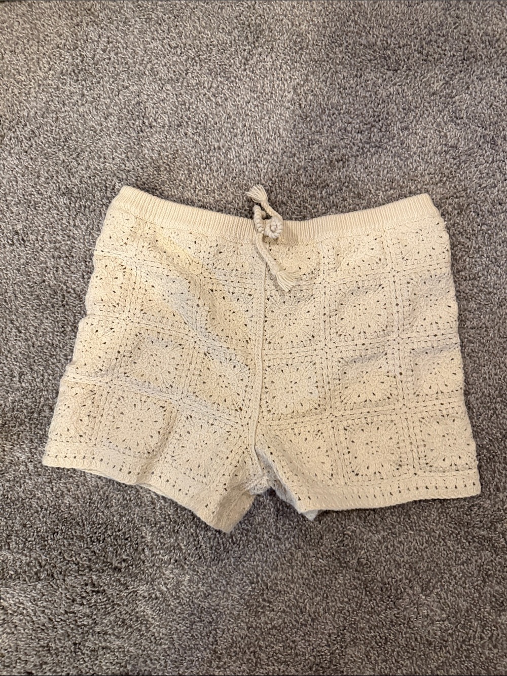 Cream Crochet Knit Girls Shorts with faux  Drawstring